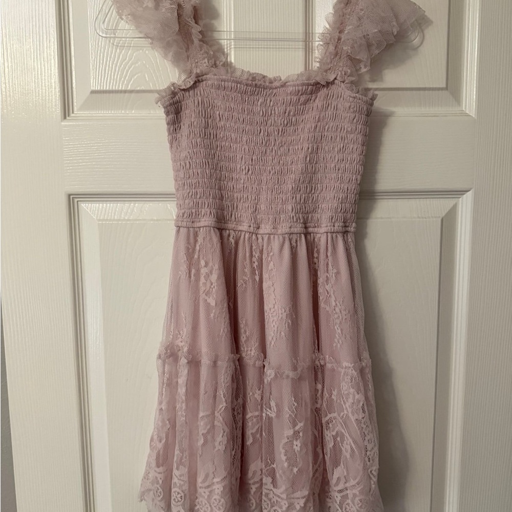 Blush Pink Lace Smocked Ruffle Strap Dress Size S